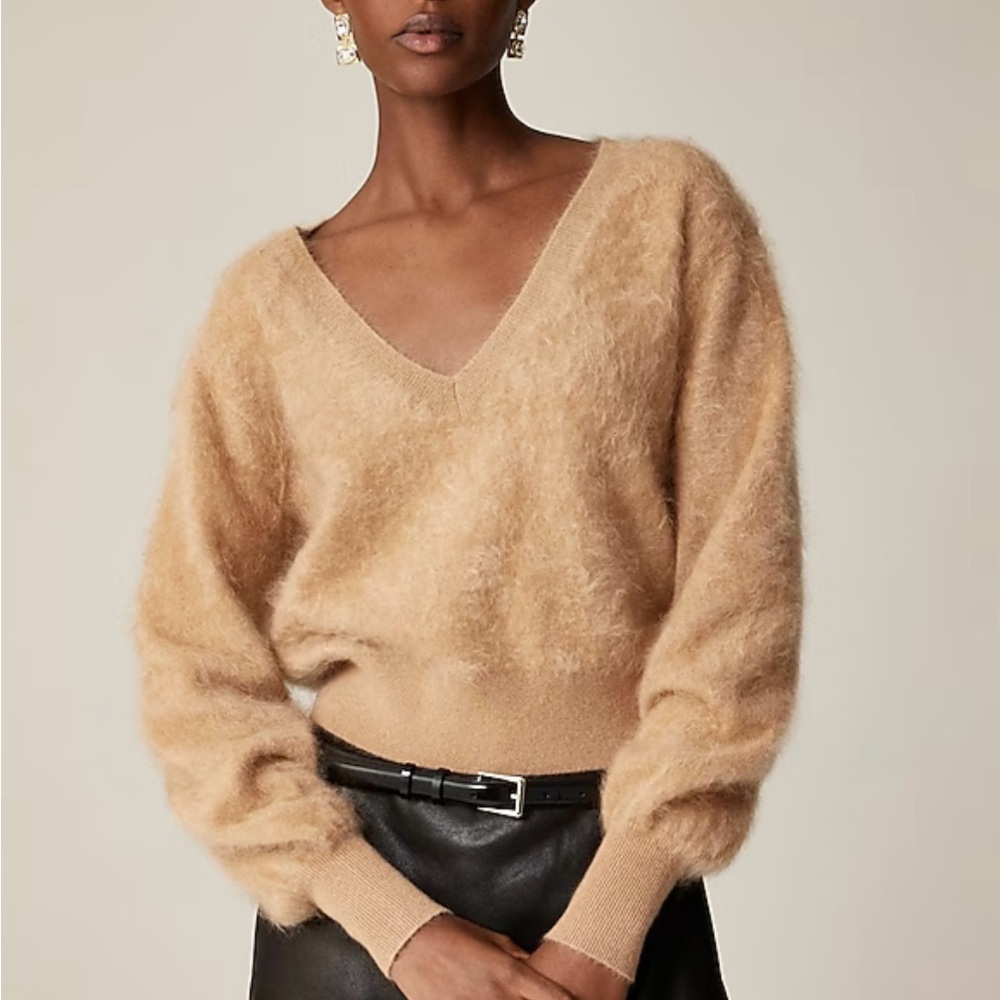 🛍️ JCREW New!Cashmere BrushredCropped V Neck Sweater Sz-M Caramel Beige Luxury!